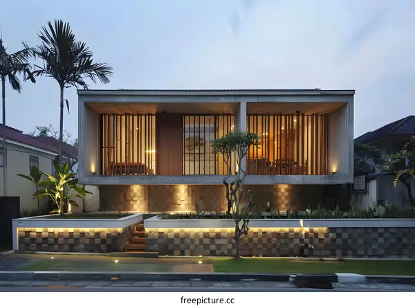 Modern Minimalist House with Wooden Accents and Stone Wall