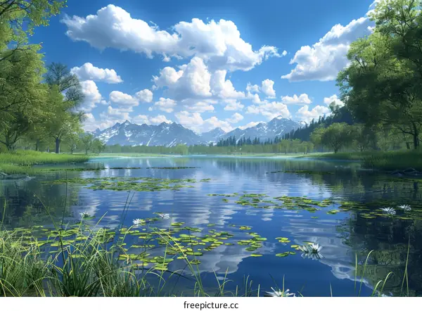 Serene Mountain Lake with Verdant Forest and White Clouds