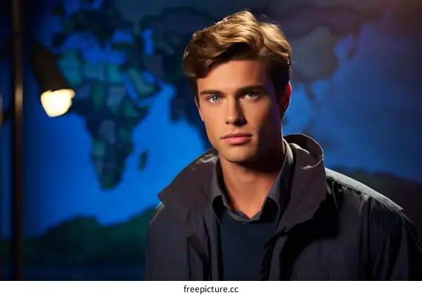 Studio Portrait of a Male Model with Brown Hair, Blue Eyes, Blue Sweater, and Black Jacket