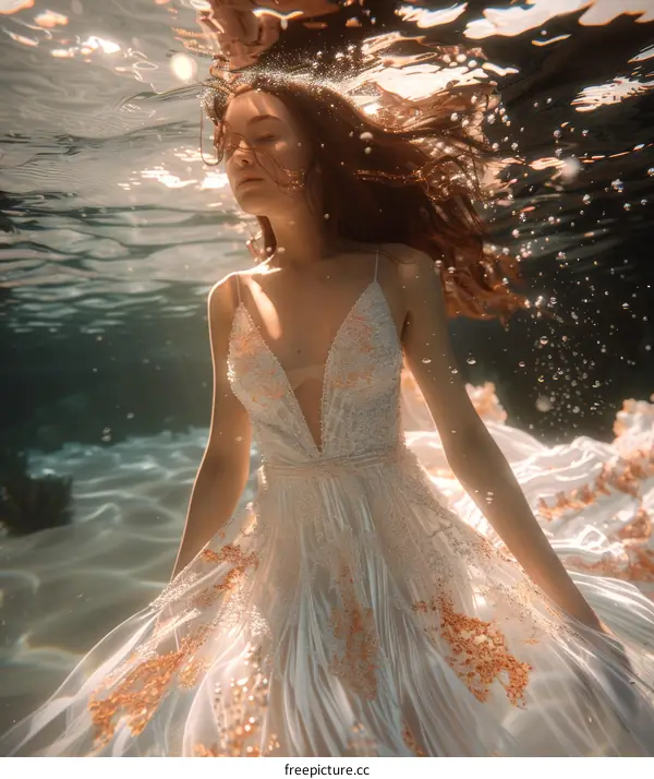Underwater Portrait of a Woman in a Long White Gown