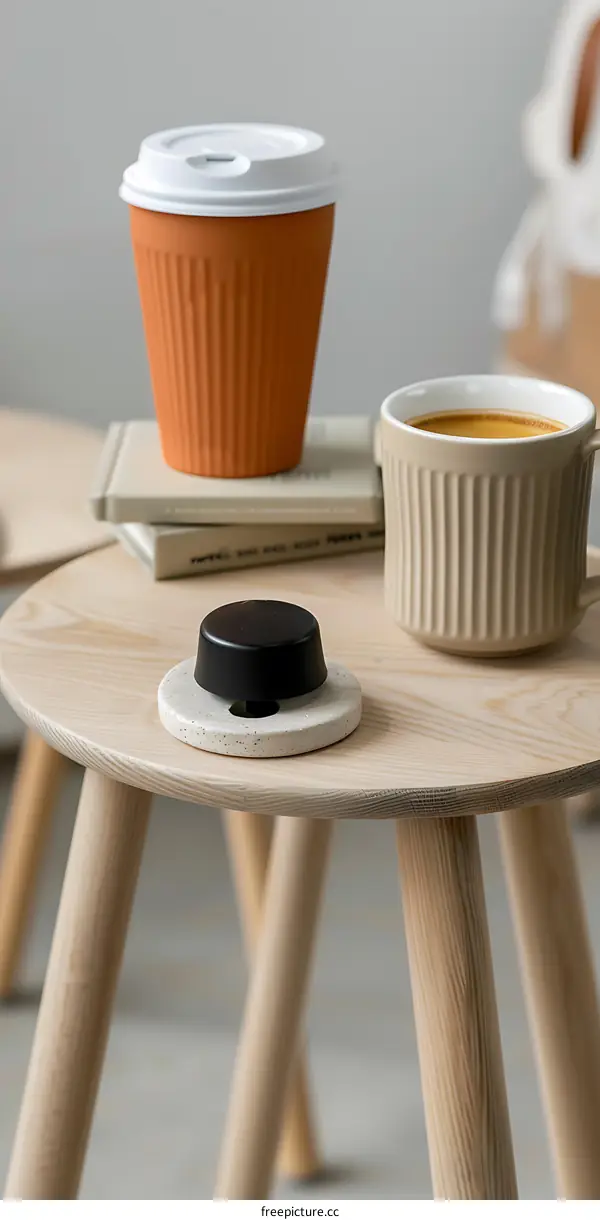 Wooden Table with Coffee Cup and a Black Round Object
