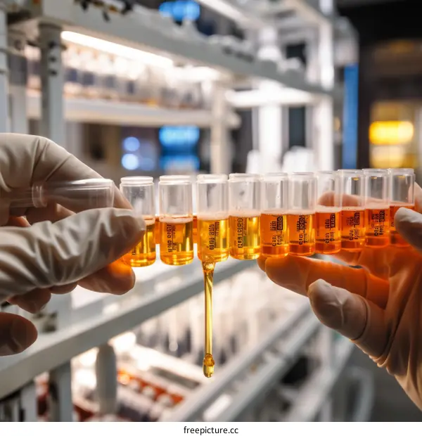 Two gloved hands holding a row of test tubes with yellow liquid