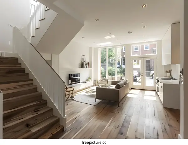 Modern Minimalist Living Room with Wood Floor and Staircase