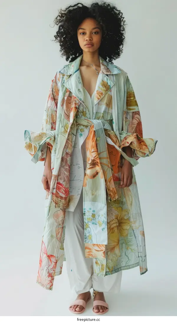 Black female model wearing a long floral print coat