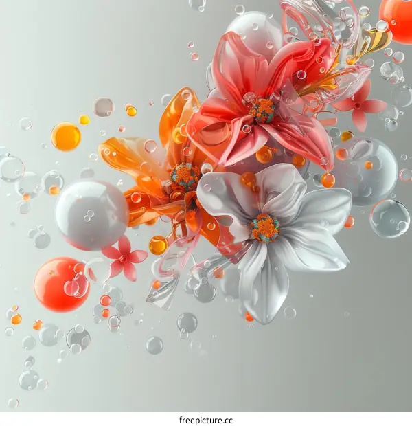 3D rendering of a bouquet of white, orange, and pink flowers with water droplets