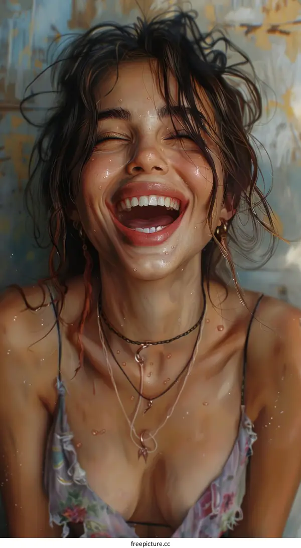 Portrait of a Laughing Woman with Wet Hair