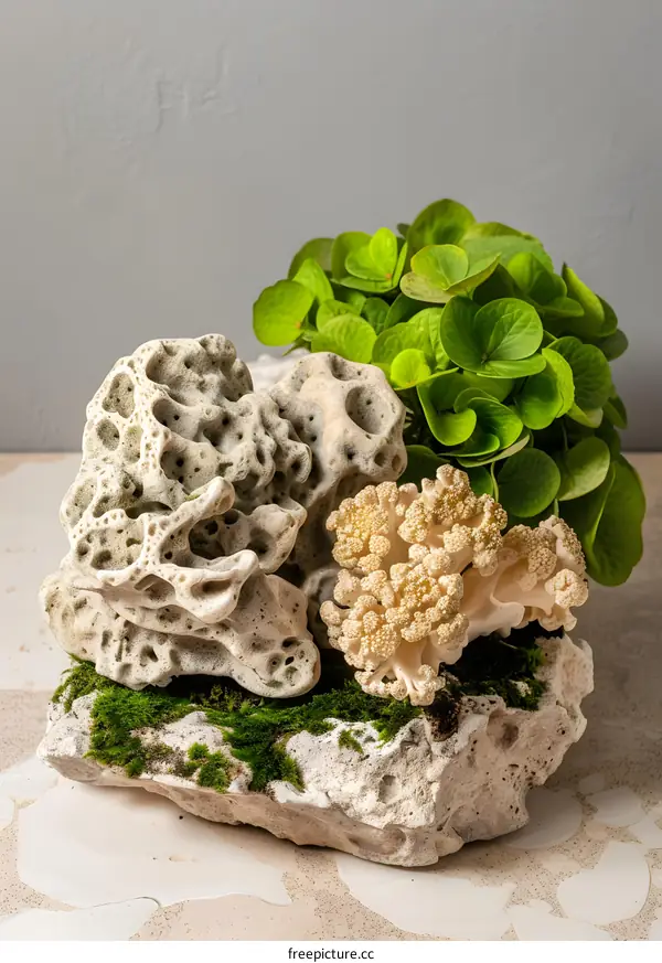 Sea Shells and Green Plants on a Rock
