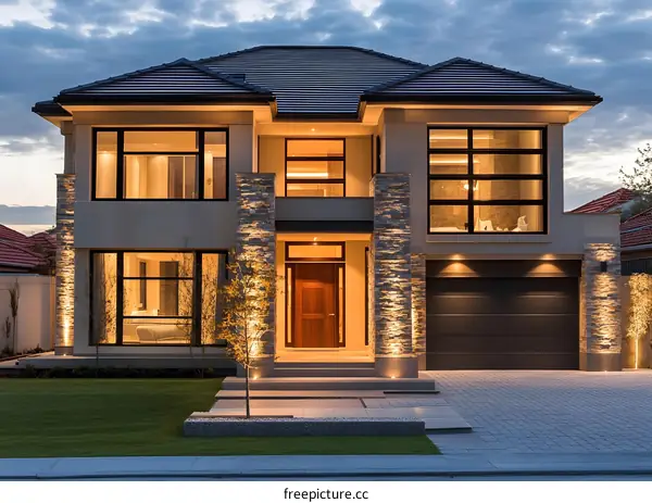 Modern Luxury Home with Stone Exterior and Large Windows