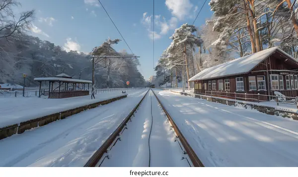 A snow-covered railway track with a station and trees