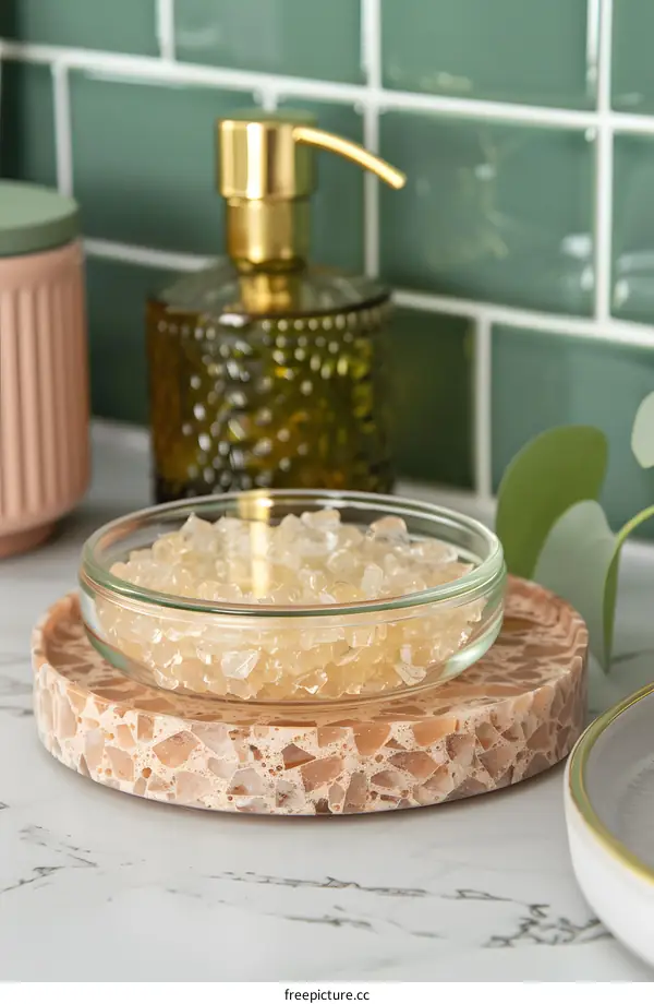 Close Up of Clear Bath Salts in Glass Bowl on Terrazzo Tray