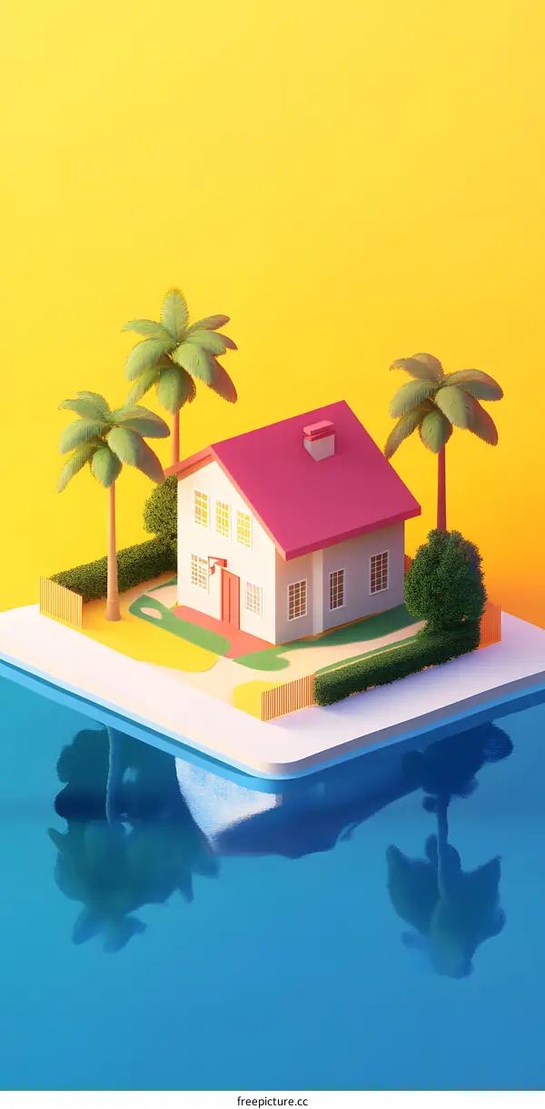 Minimalist 3D Illustration of a House with Palm Trees on a Small Island