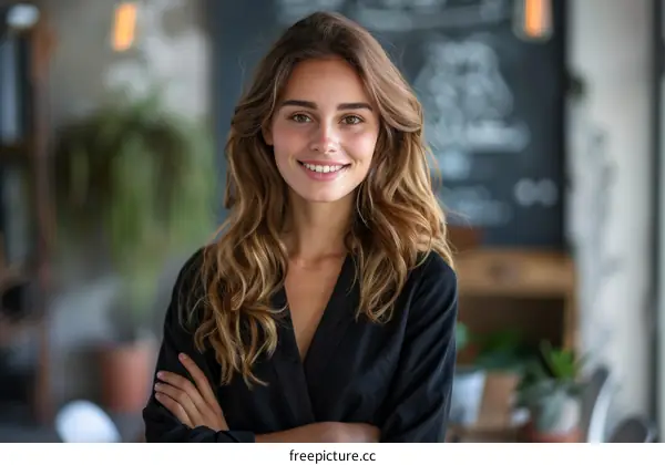 Portrait of a young woman smiling with arms crossed