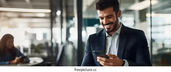 Smiling Man Using Smartphone in Office