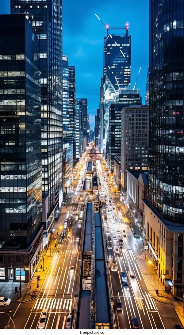 Chicago downtown street with skyscrapers at night
