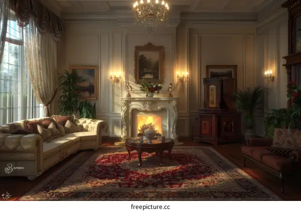 European Style Living Room Interior with Fireplace and Plants