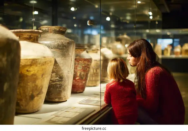 Museum Exhibit Viewing Experience with Mother and Child