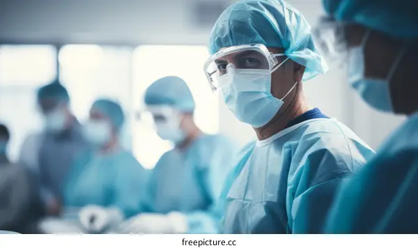Portrait of a male surgeon in scrubs and a surgical mask standing in an operating room with a surgical team in the background