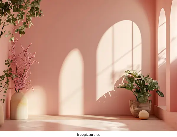 Pink Wall Room With Sunlight and Plants
