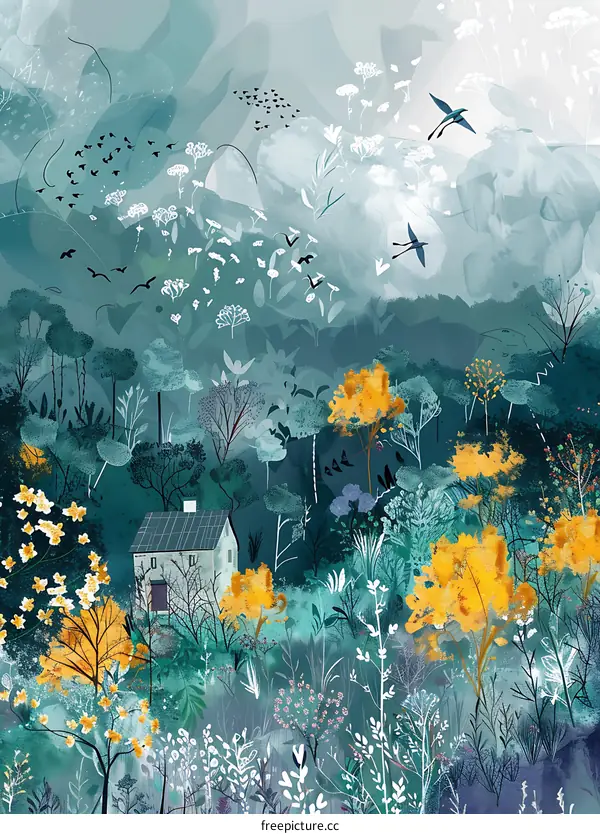 Watercolor Illustration of a House in the Woods with Birds Flying