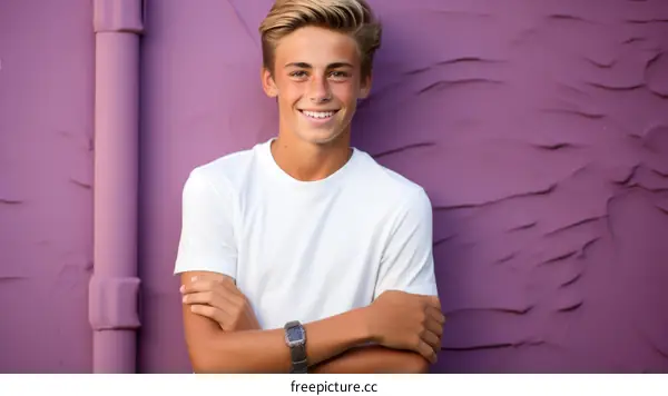 Portrait of a Smiling Teenage Boy with Blonde Hair in White Shirt