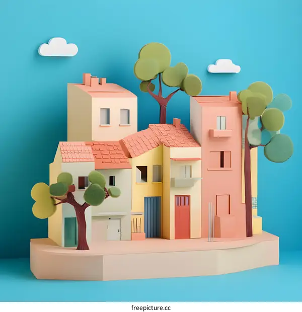 Papercraft Miniature Town with Colorful Houses and Trees