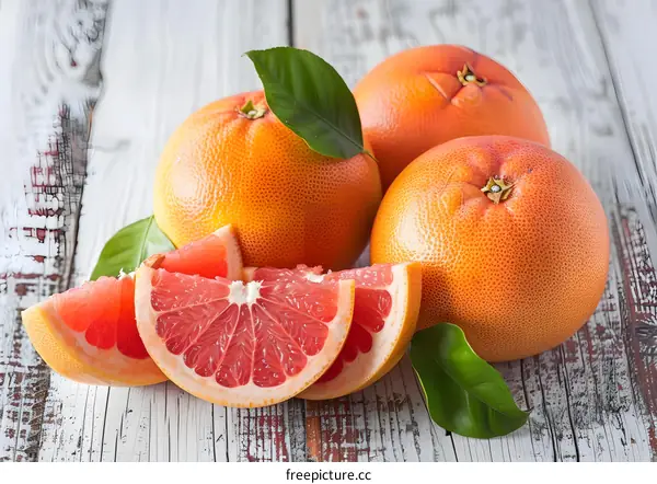 Fresh Ripe Grapefruit with Leaves on White Wooden Background