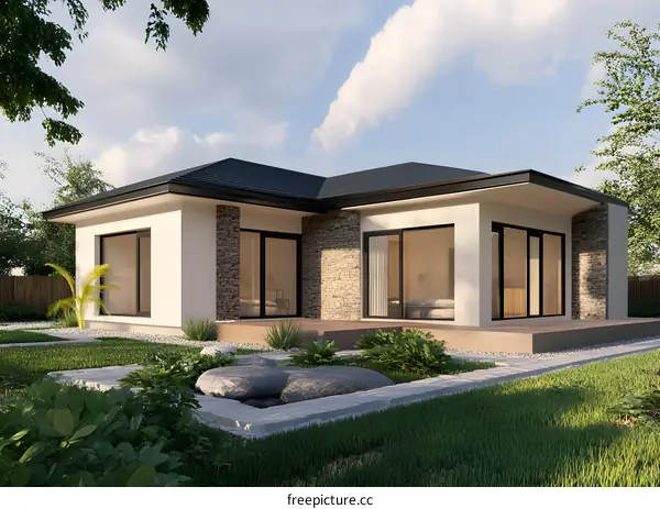 Modern White House With Stone Walls and Green Garden