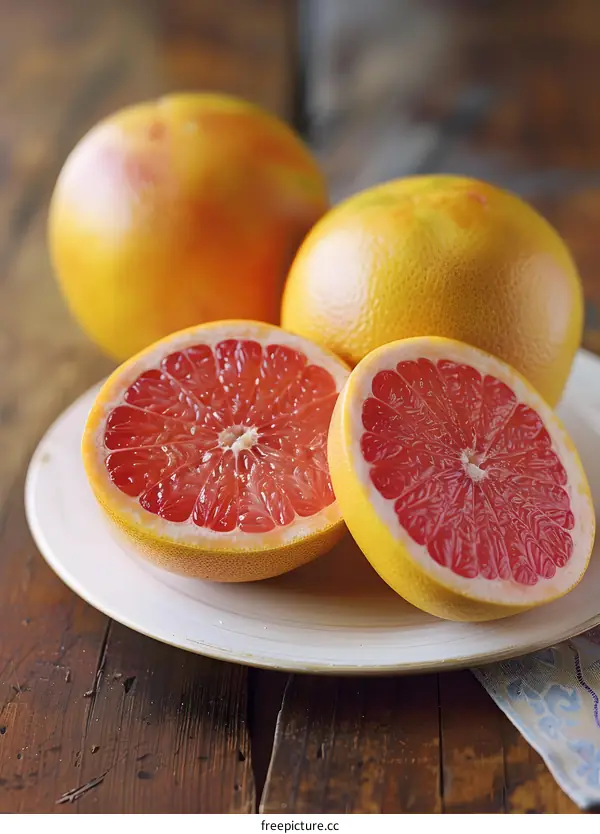 Fresh Pink Grapefruits Cut in Half on White Plate