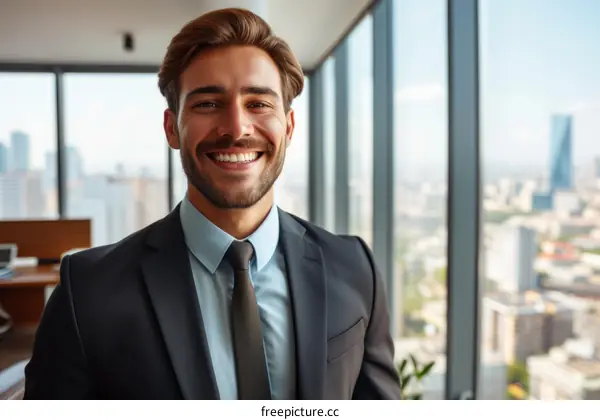 A businessman is smiling in an office.