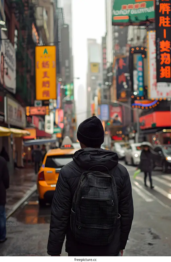 Man Walking in New York City with Backpack