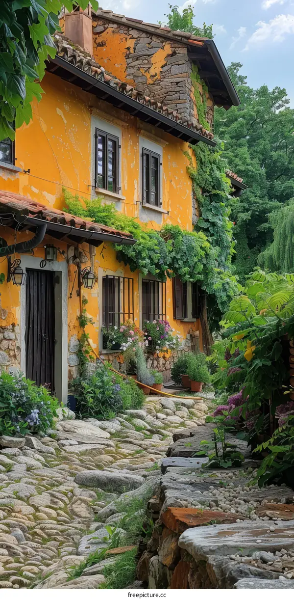 A charming stone cottage with a yellow wall and a beautiful garden