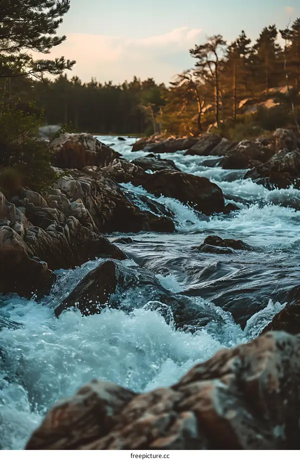 Close Up Of Rushing Water In River With Rocks