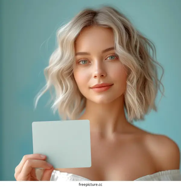 Beautiful blonde woman holding a blank card