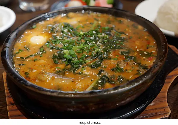 Spicy Soup Dish with Egg and Vegetables Served in a Bowl