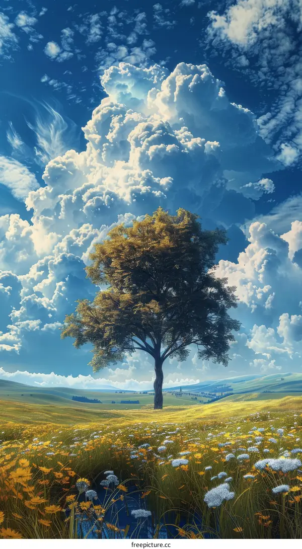 Beautiful Landscape with a Majestic Tree and Fluffy Clouds