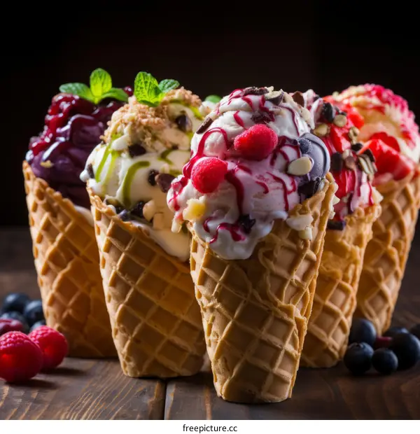 Four ice cream cones with different toppings