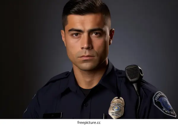 Hispanic police officer posing in uniform