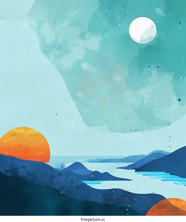 Abstract Watercolor Landscape with Sunset and Moon