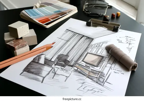 Interior Design Sketch of Modern Living Room
