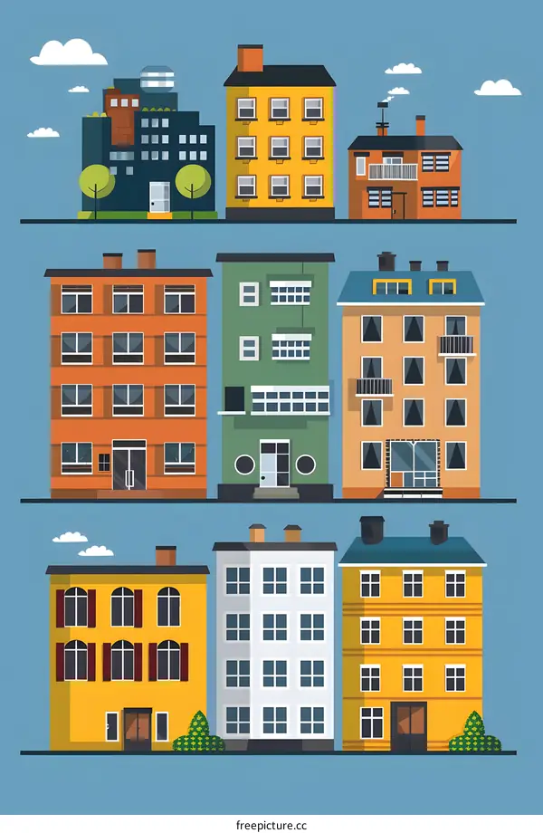 Set of Colorful Modern Buildings with Windows and Doors