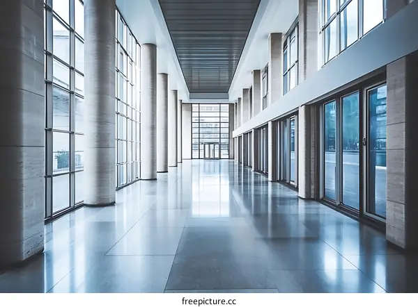 Modern Office Building Hallway with Glass Windows and Columns