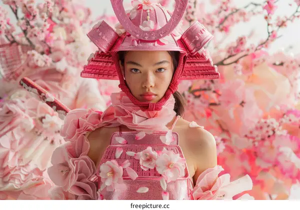 A woman wearing a pink samurai helmet and armor made of cherry blossoms