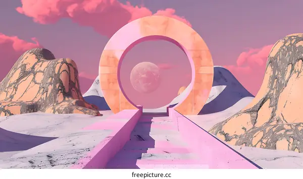 Abstract 3D Illustration of a Pink Gateway in a Fantasy Landscape
