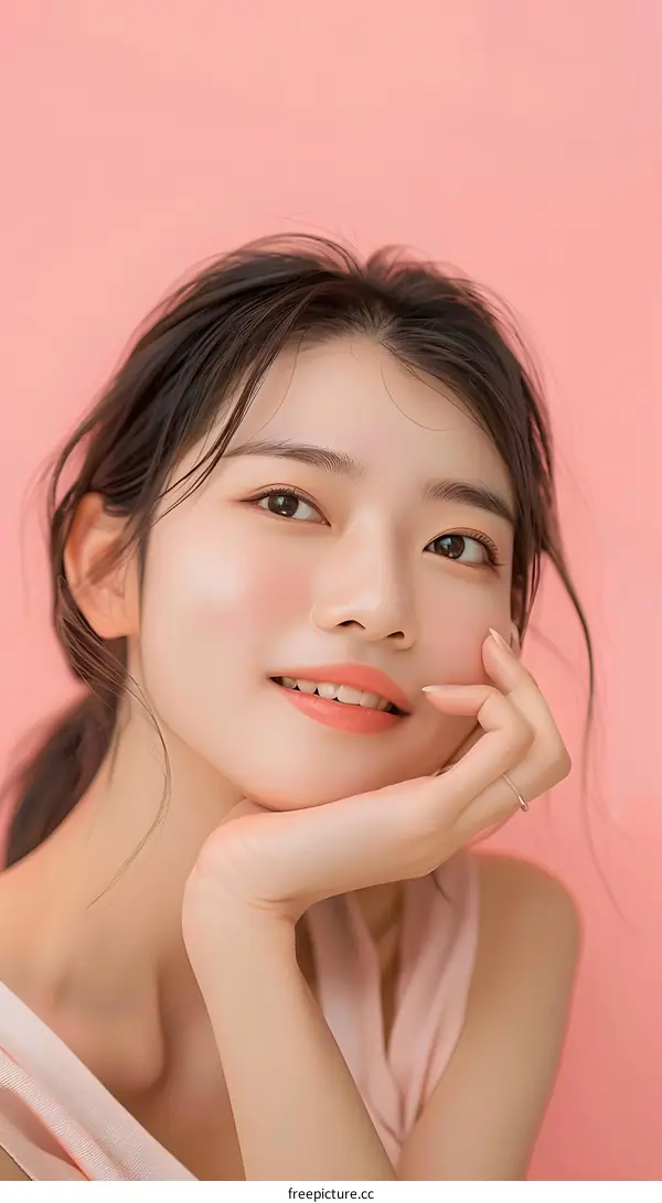 Beautiful Asian Woman with a Soft Smile on a Pink Background