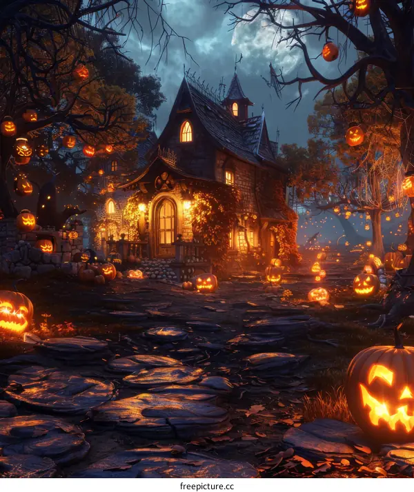 Halloween Night Pumpkin House in a Dark Halloween Forest
