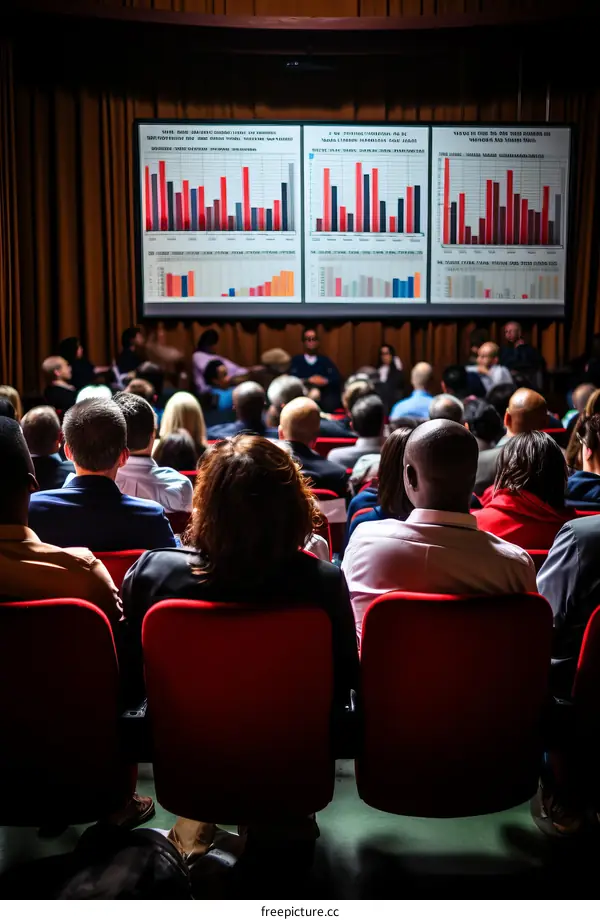 Audience at a business conference watching presentation slides on large screens