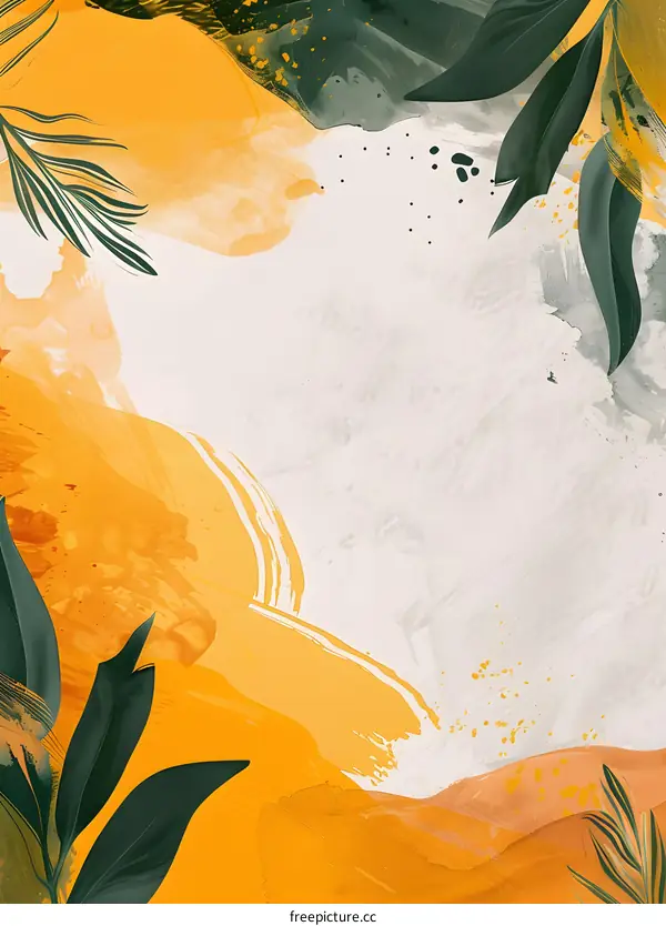 Abstract Watercolor Painting with Green Leaves and Yellow Orange and Grey Colors