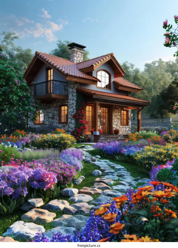 Stone Cottage with Path in Beautiful Garden