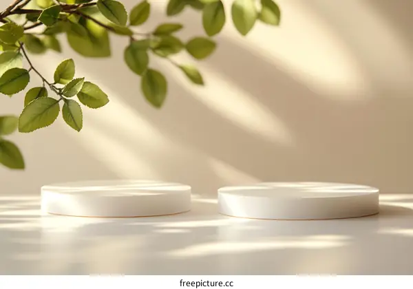 Minimalist Product Display with Sunlight and Leaves