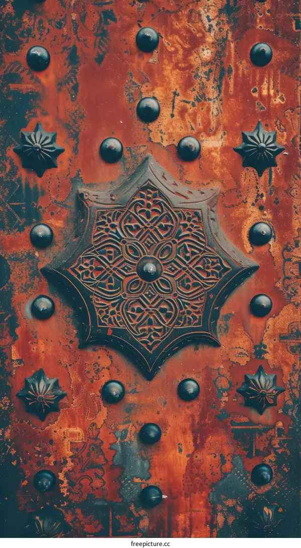 Moroccan door with intricate geometric carvings and metal studs